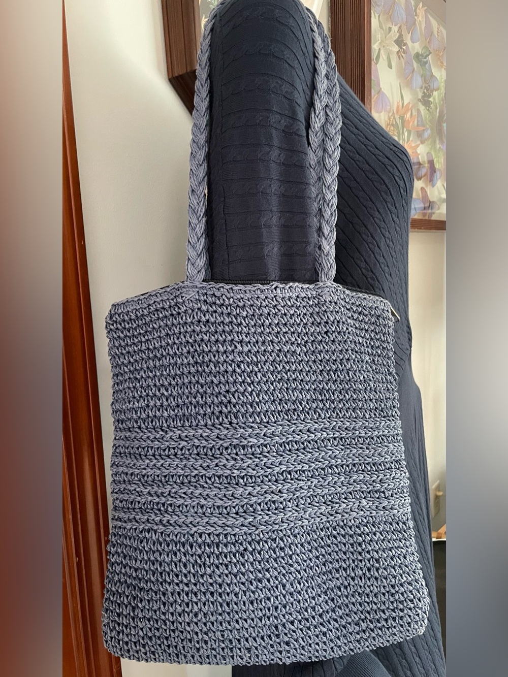 Handwoven Blue Gray Crochet Tote Bag